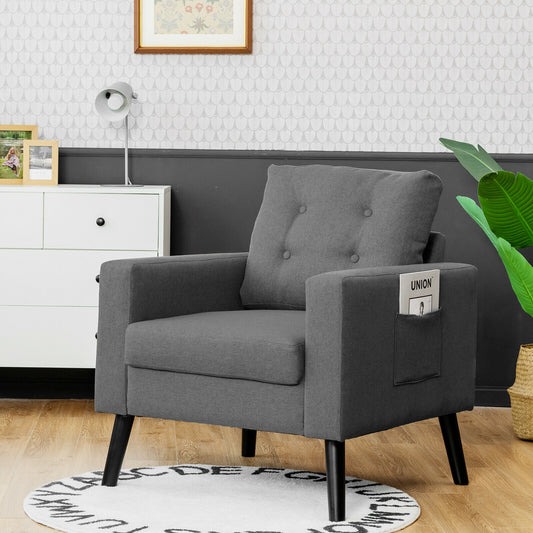 Mid Century Fabric Armchair with Button Tufted Back and Wood Legs Grey