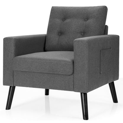Mid Century Fabric Armchair with Button Tufted Back and Wood Legs Grey