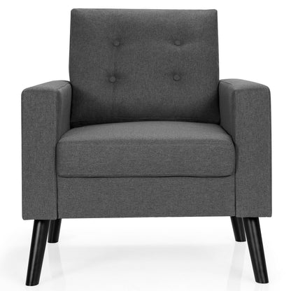 Mid Century Fabric Armchair with Button Tufted Back and Wood Legs Grey