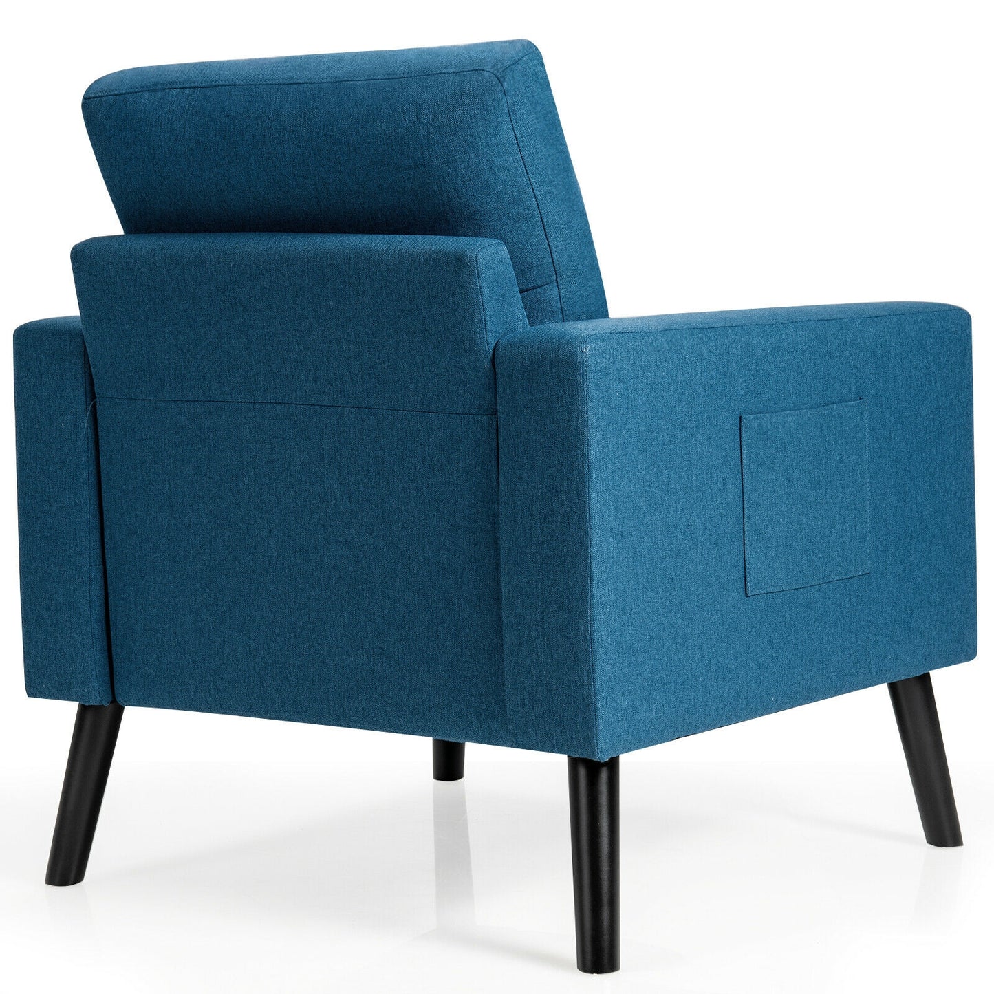 Mid Century Fabric Armchair with Button Tufted Back and Wood Legs Blue
