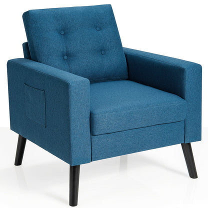 Mid Century Fabric Armchair with Button Tufted Back and Wood Legs Blue