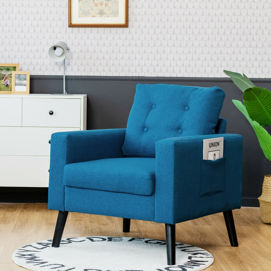 Mid Century Fabric Armchair with Button Tufted Back and Wood Legs Blue