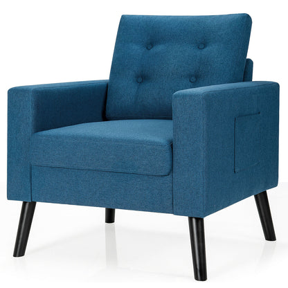 Mid Century Fabric Armchair with Button Tufted Back and Wood Legs Blue