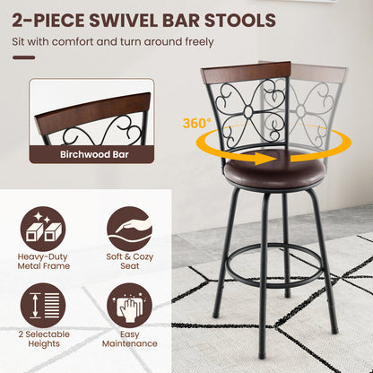 PU Leather Adjustable Barstools with 360 Degree Swivel and Footrest, Set of 2, 24 to 30 Inch