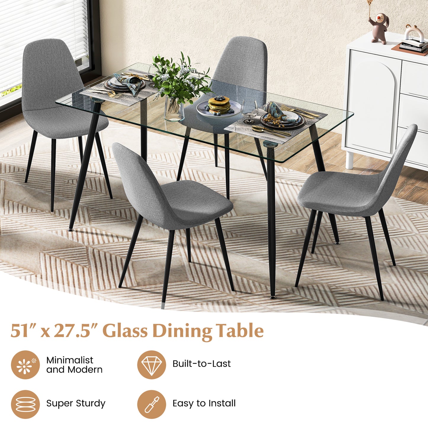Modern Rectangular Glass Dining Table with Metal Legs for Kitchen or Dining Room - Black
