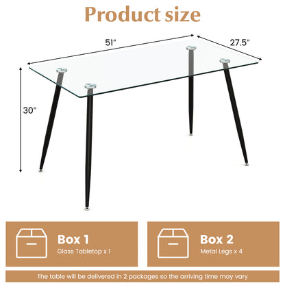 Modern Rectangular Glass Dining Table with Metal Legs for Kitchen or Dining Room - Black