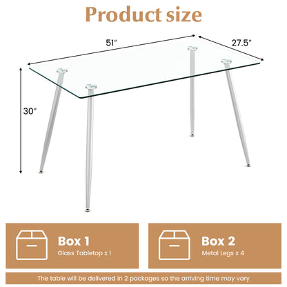 Modern Rectangular Glass Dining Table with Metal Legs for Kitchen or Dining Room - Silver