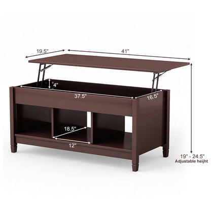 Adjustable Lift Top Coffee Table with Storage Shelves and Hidden Compartment - Coffee
