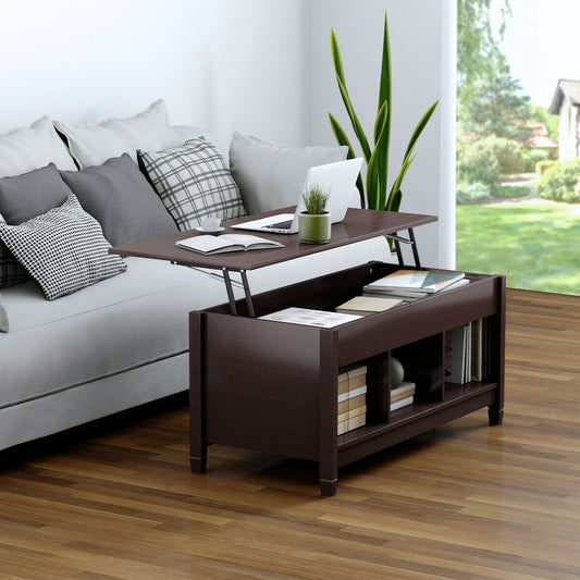 Adjustable Lift Top Coffee Table with Storage Shelves and Hidden Compartment - Coffee