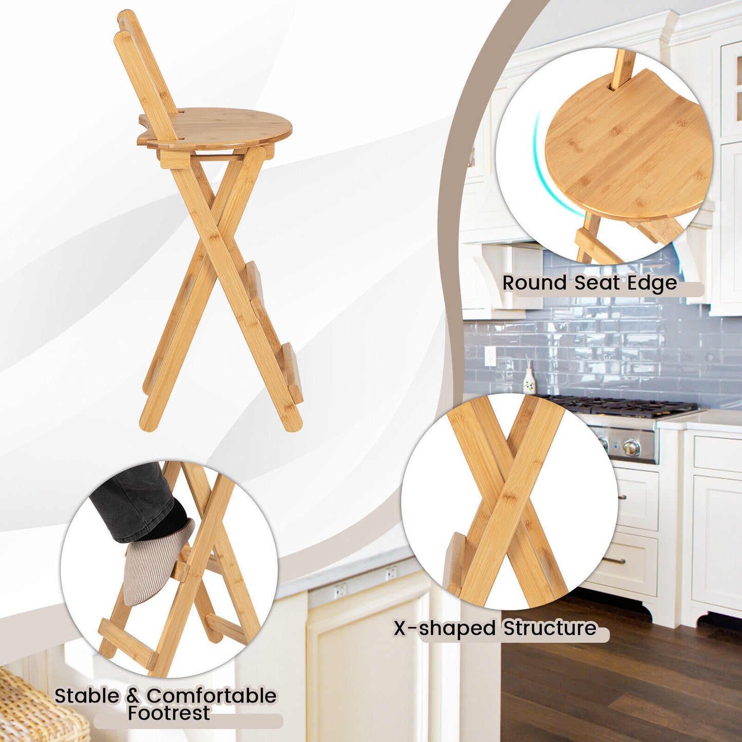 Natural Bamboo Folding Bar Stools Set of 2 with Backrests Footrests and Built-in Handles 24 Inch