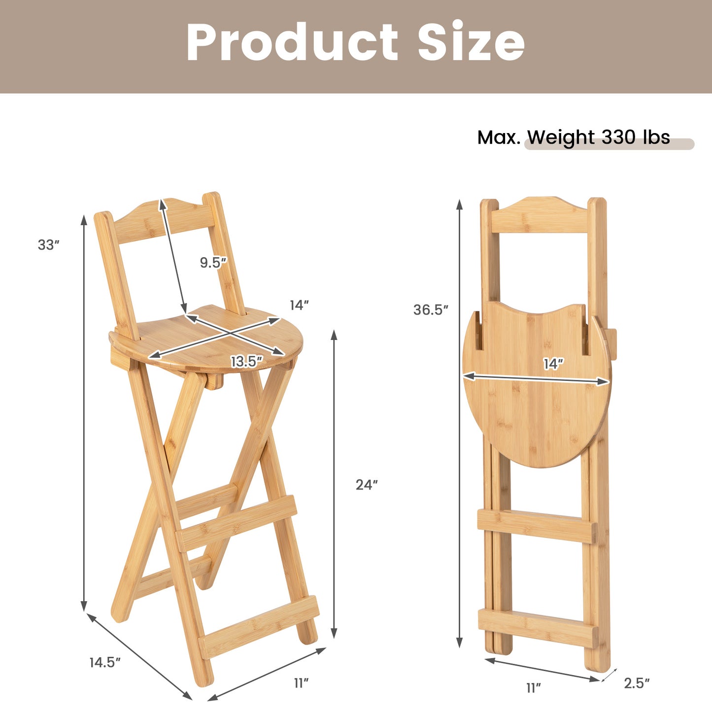 Natural Bamboo Folding Bar Stools Set of 2 with Backrests Footrests and Built-in Handles 24 Inch