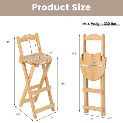Natural Bamboo Folding Bar Stools Set of 2 with Backrests Footrests and Built-in Handles 24 Inch