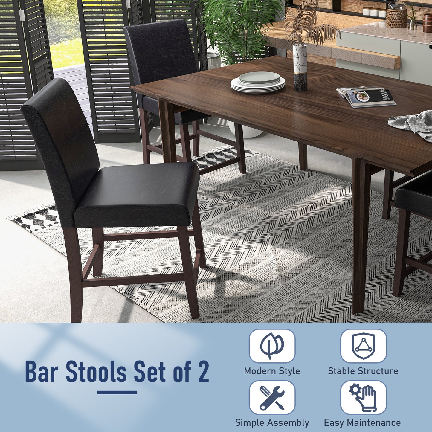 Set of 2 Upholstered 25 Inch Counter Height Bar Stools with Wood Legs - Black