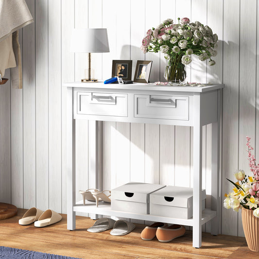 Slim Console Table with Drawers and Open Storage Shelf for Entryway or Living Room - White