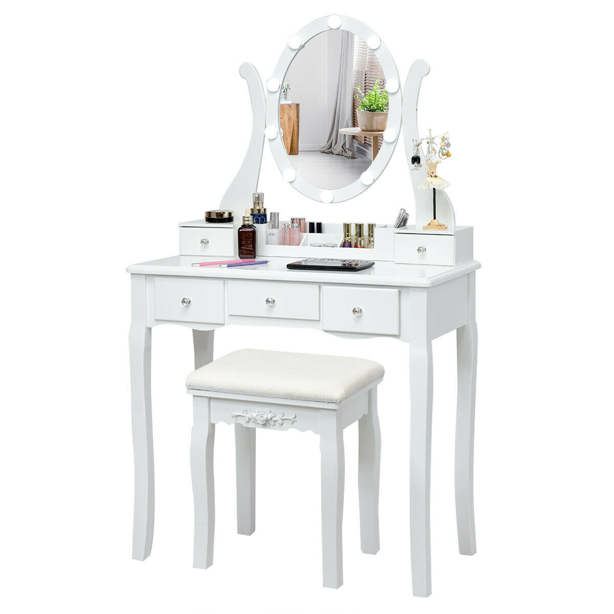 Vanity Set with Lighted Mirror, 10 Dimmable LEDs, Drawers, and Cushioned Stool – White