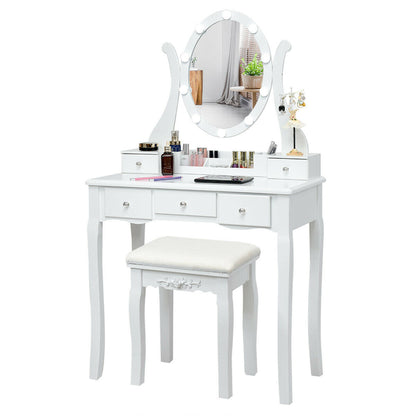 Vanity Set with Lighted Mirror, 10 Dimmable LEDs, Drawers, and Cushioned Stool – White