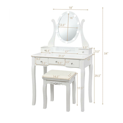 Vanity Set with Lighted Mirror, 10 Dimmable LEDs, Drawers, and Cushioned Stool – White
