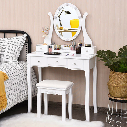 Vanity Set with Lighted Mirror, 10 Dimmable LEDs, Drawers, and Cushioned Stool – White