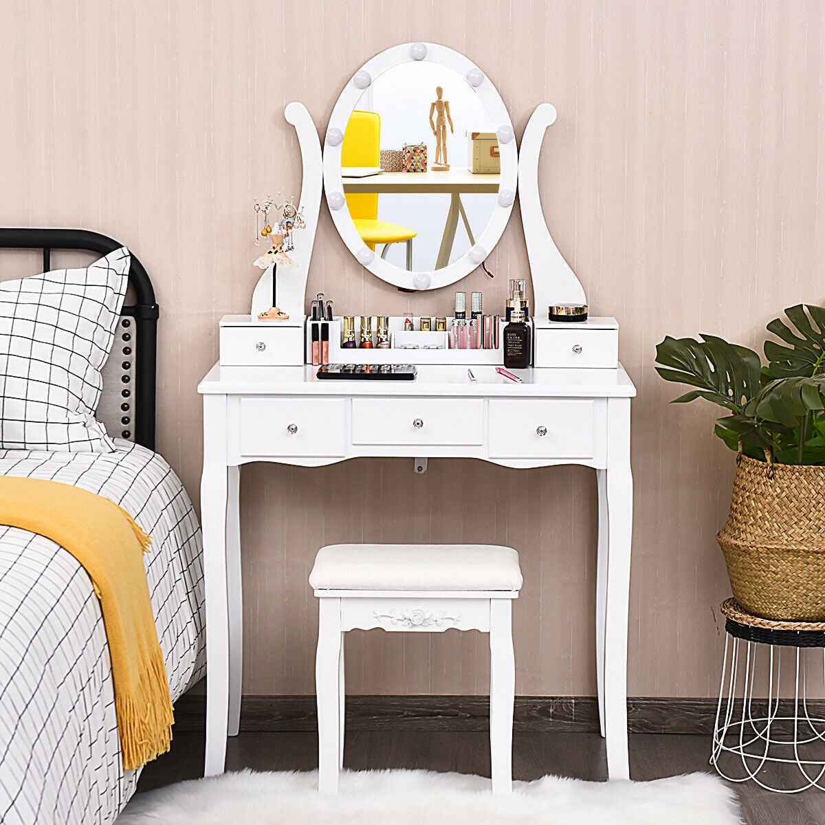 Vanity Set with Lighted Mirror, 10 Dimmable LEDs, Drawers, and Cushioned Stool – White