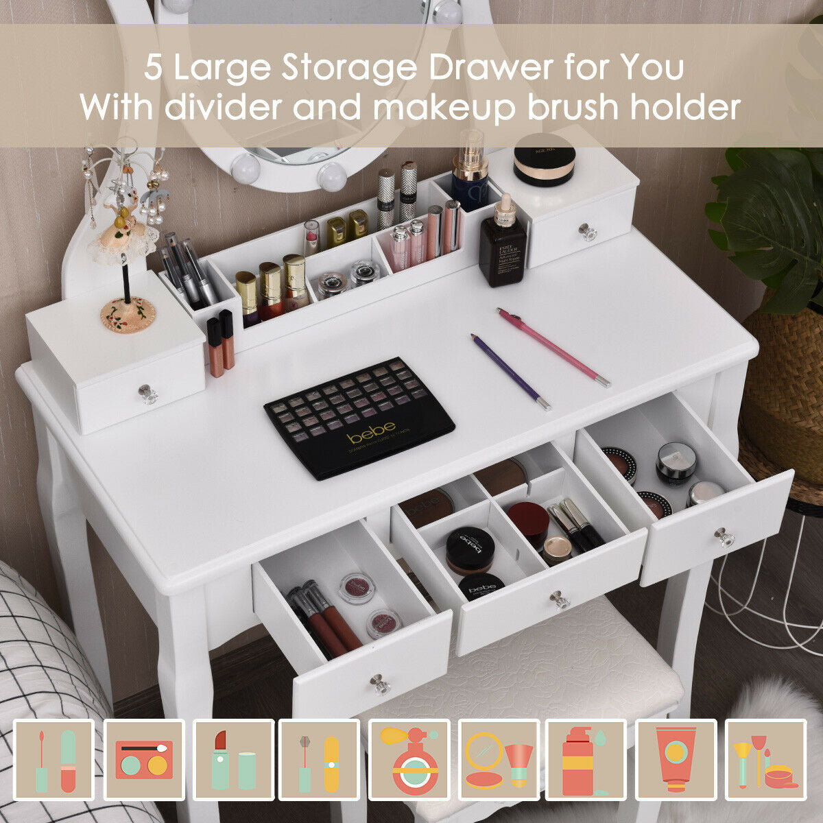 Vanity Set with Lighted Mirror, 10 Dimmable LEDs, Drawers, and Cushioned Stool – White