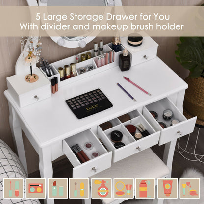 Vanity Set with Lighted Mirror, 10 Dimmable LEDs, Drawers, and Cushioned Stool – White