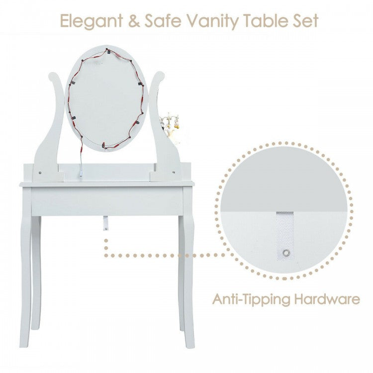 Vanity Set with Lighted Mirror, 10 Dimmable LEDs, Drawers, and Cushioned Stool – White