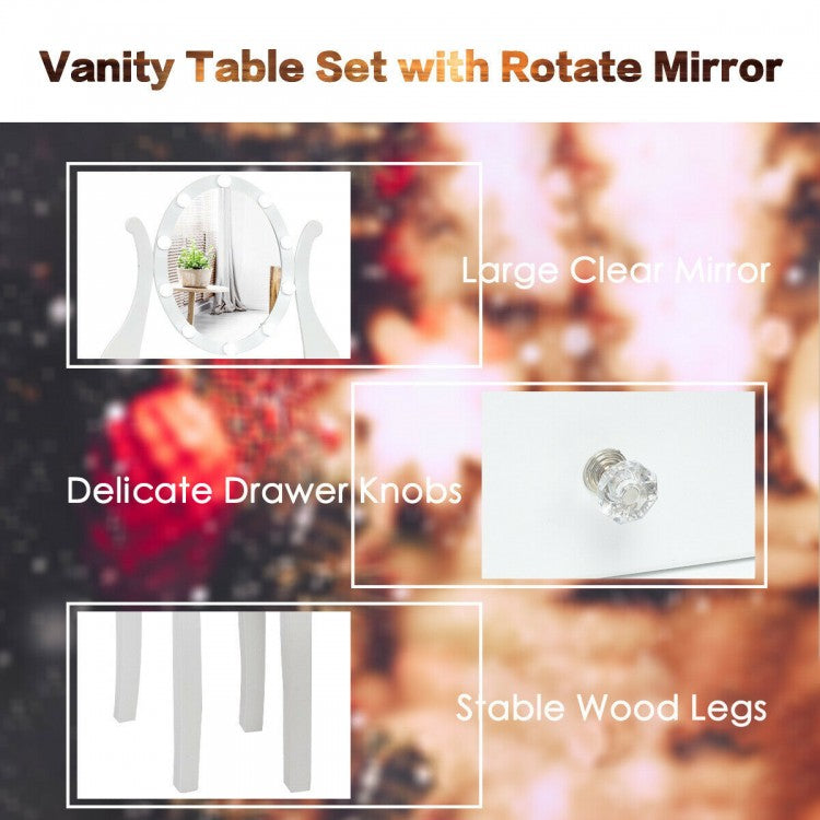 Vanity Set with Lighted Mirror, 10 Dimmable LEDs, Drawers, and Cushioned Stool – White
