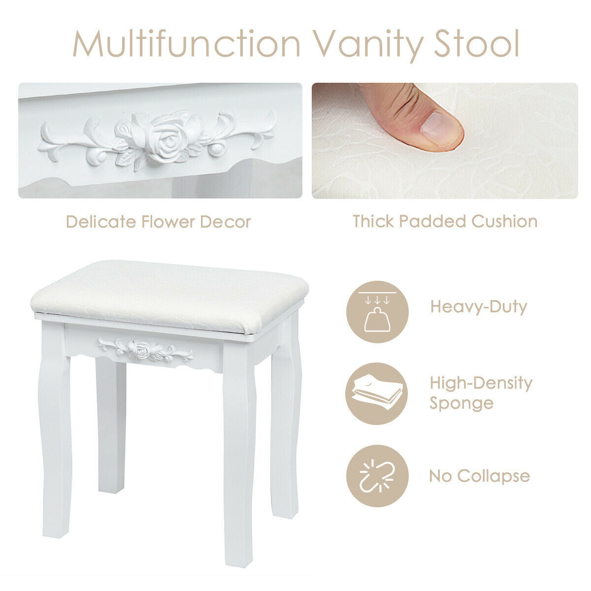 Vanity Set with Lighted Mirror, 10 Dimmable LEDs, Drawers, and Cushioned Stool – White