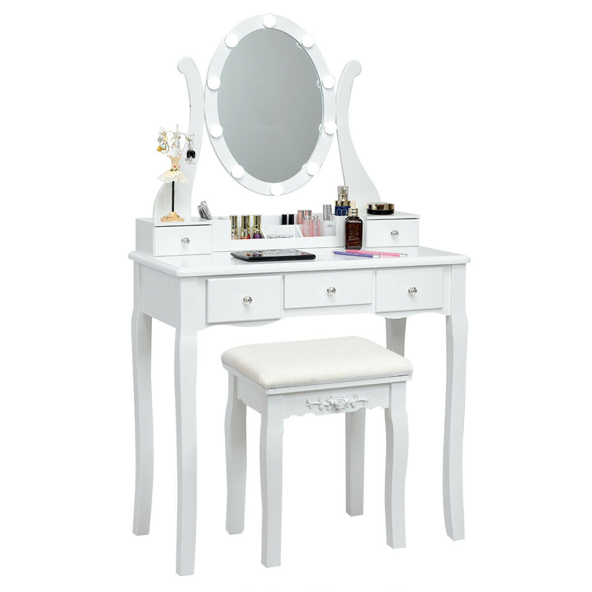Vanity Set with Lighted Mirror, 10 Dimmable LEDs, Drawers, and Cushioned Stool – White