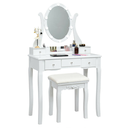 Vanity Set with Lighted Mirror, 10 Dimmable LEDs, Drawers, and Cushioned Stool – White