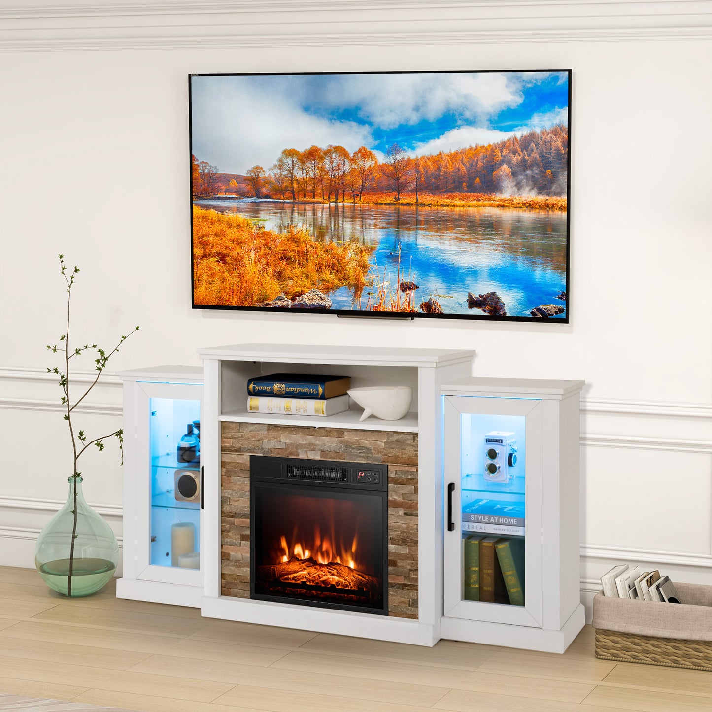 TV Cabinet with Electric Fireplace and Remote-Controlled LED Lights for TVs up to 65 Inches - White