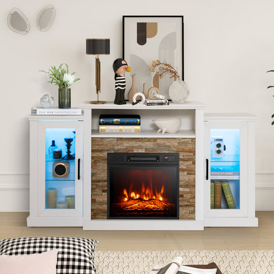 TV Cabinet with Electric Fireplace and Remote-Controlled LED Lights for TVs up to 65 Inches - White