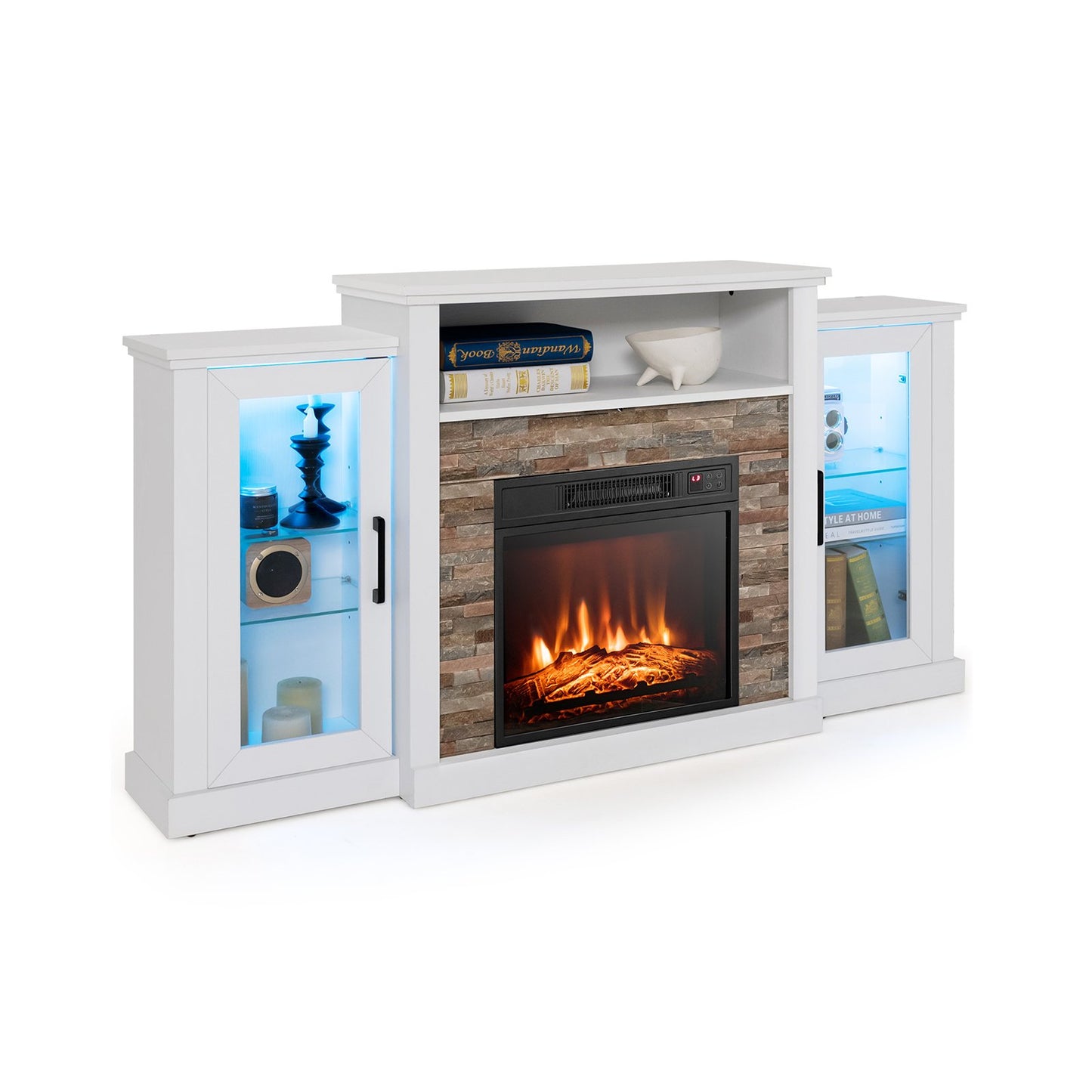 TV Cabinet with Electric Fireplace and Remote-Controlled LED Lights for TVs up to 65 Inches - White