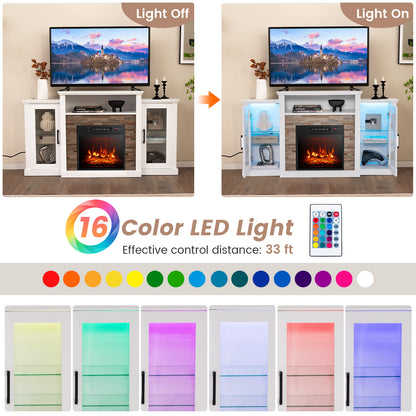 TV Cabinet with Electric Fireplace and Remote-Controlled LED Lights for TVs up to 65 Inches - White