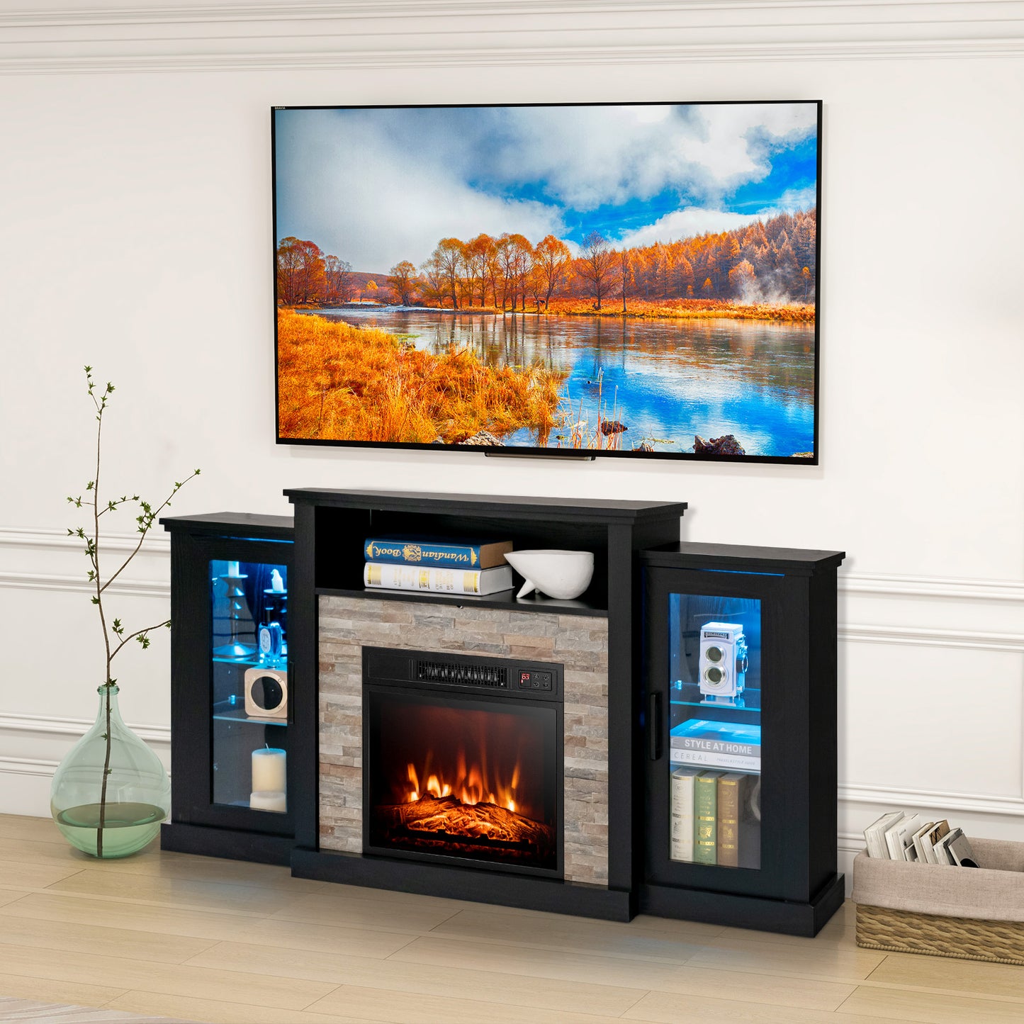 TV Cabinet with Electric Fireplace and Remote-Controlled LED Lights for TVs up to 65 Inches - Black