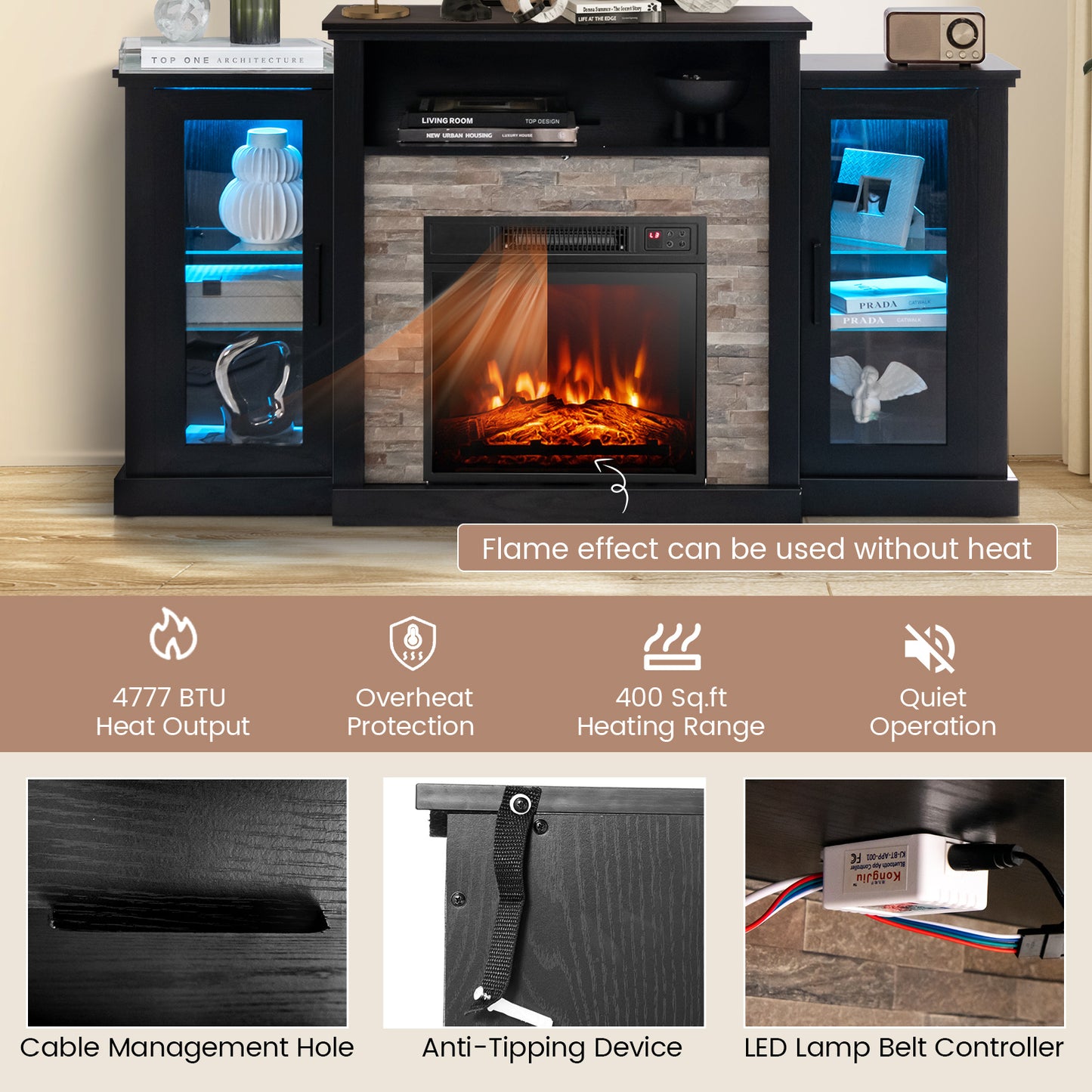 TV Cabinet with Electric Fireplace and Remote-Controlled LED Lights for TVs up to 65 Inches - Black