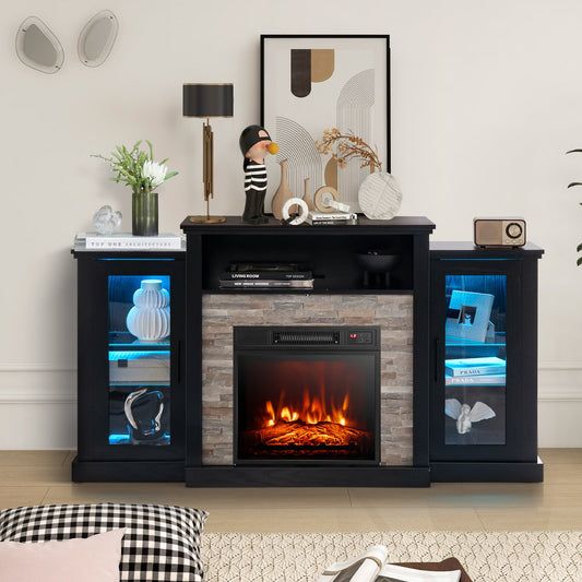 TV Cabinet with Electric Fireplace and Remote-Controlled LED Lights for TVs up to 65 Inches - Black