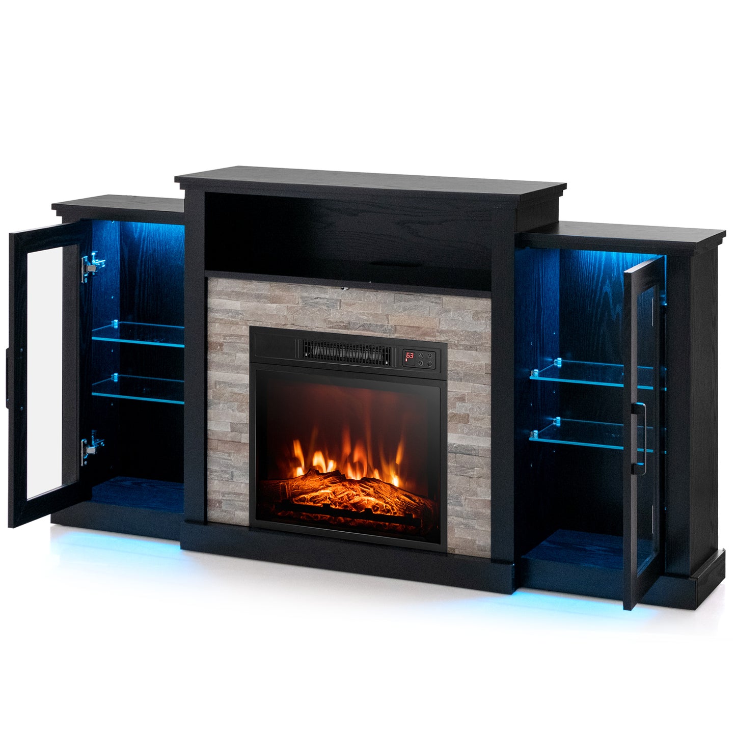 TV Cabinet with Electric Fireplace and Remote-Controlled LED Lights for TVs up to 65 Inches - Black