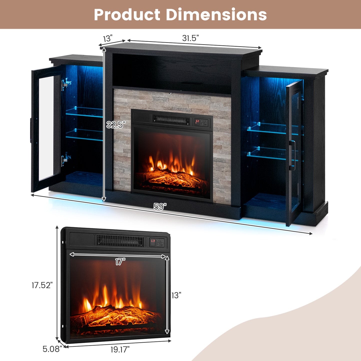 TV Cabinet with Electric Fireplace and Remote-Controlled LED Lights for TVs up to 65 Inches - Black