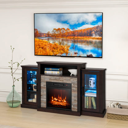 TV Cabinet with Electric Fireplace and Remote-Controlled LED Lights for TVs up to 65 Inches - Dark Brown