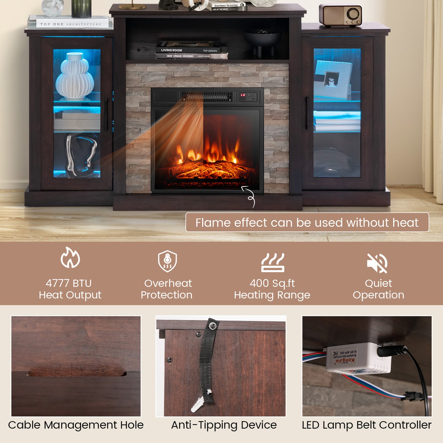 TV Cabinet with Electric Fireplace and Remote-Controlled LED Lights for TVs up to 65 Inches - Dark Brown