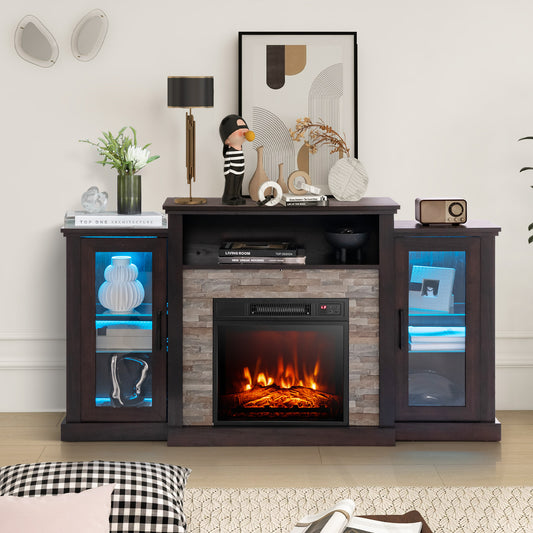 TV Cabinet with Electric Fireplace and Remote-Controlled LED Lights for TVs up to 65 Inches - Dark Brown