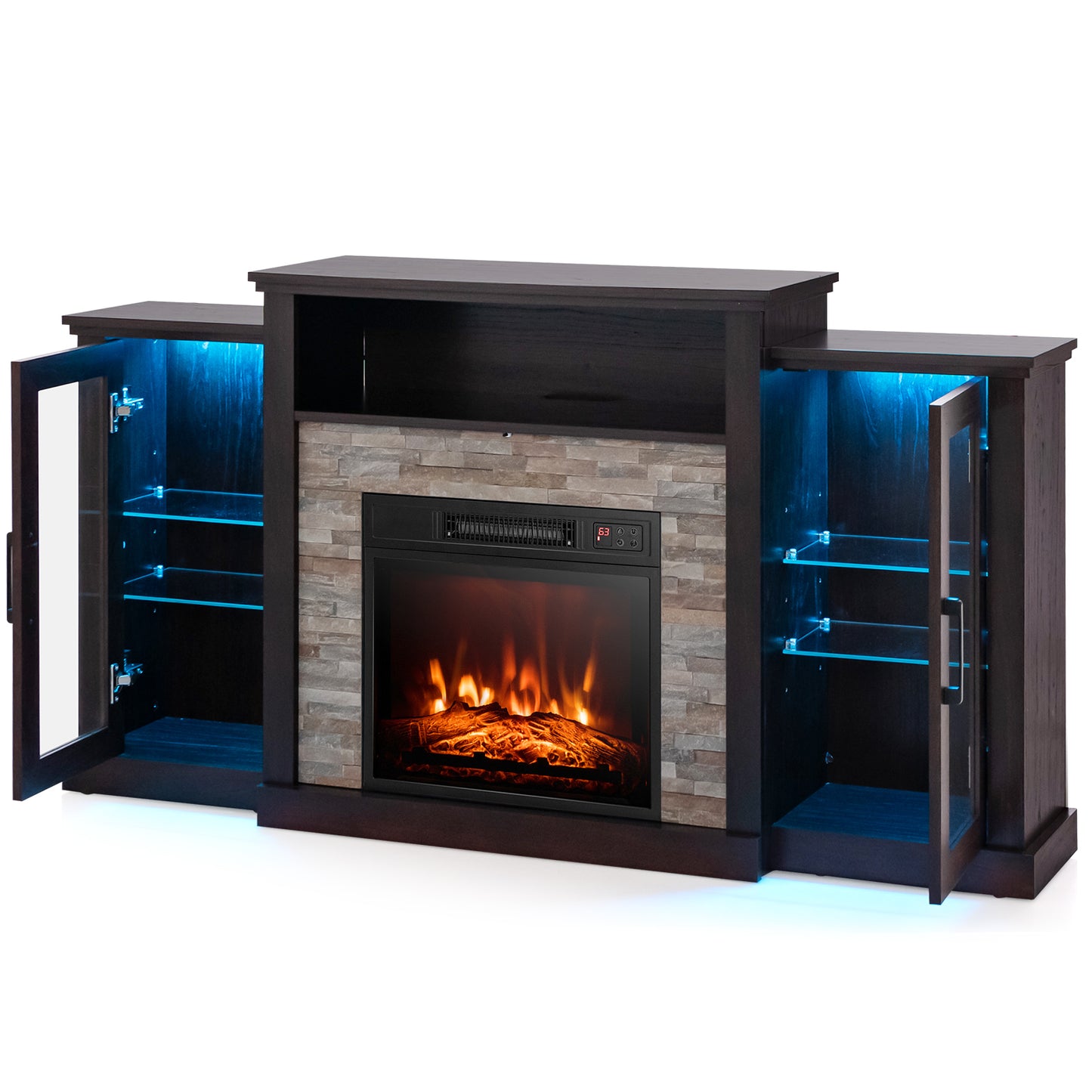 TV Cabinet with Electric Fireplace and Remote-Controlled LED Lights for TVs up to 65 Inches - Dark Brown