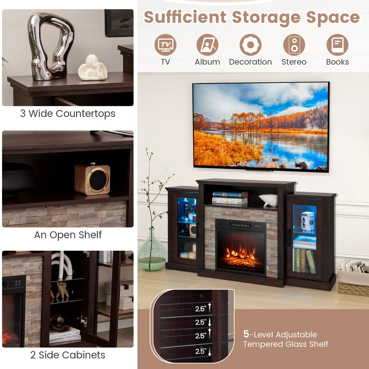 TV Cabinet with Electric Fireplace and Remote-Controlled LED Lights for TVs up to 65 Inches - Dark Brown