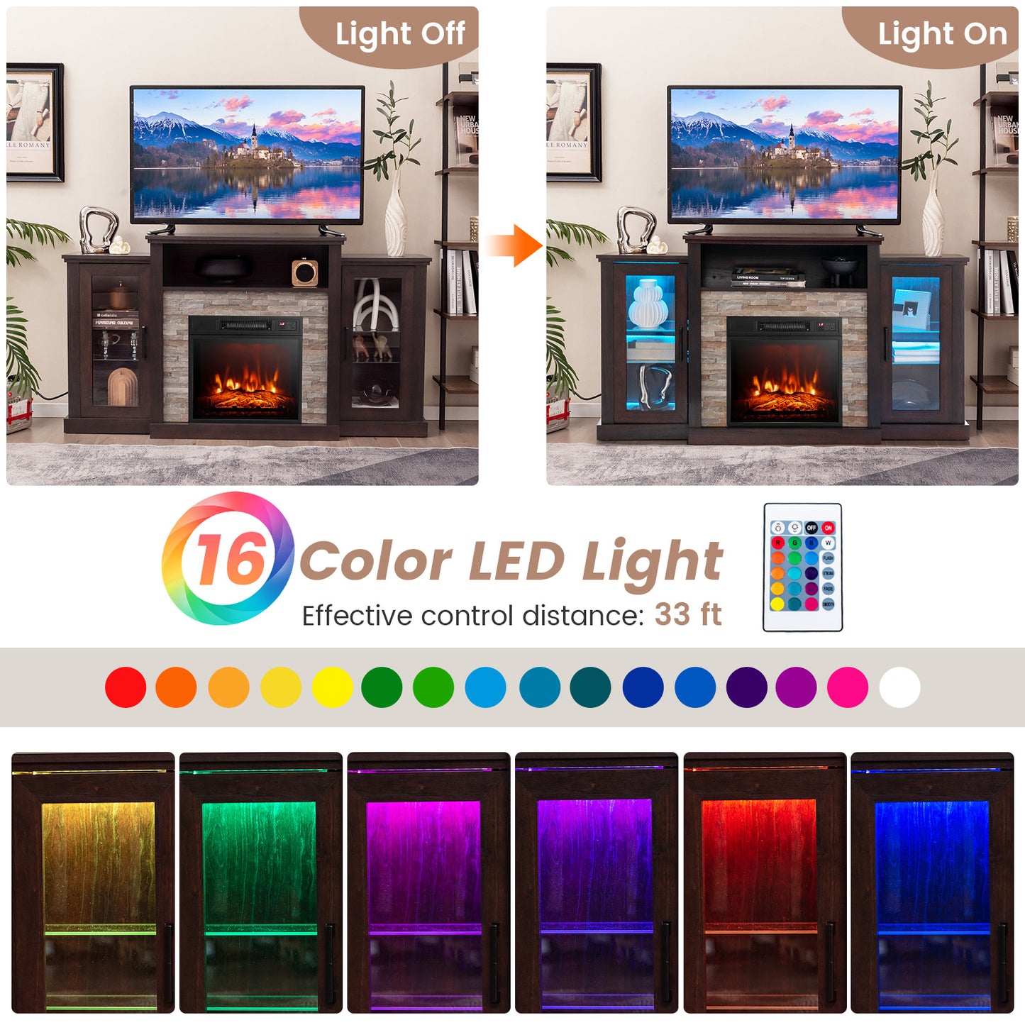 TV Cabinet with Electric Fireplace and Remote-Controlled LED Lights for TVs up to 65 Inches - Dark Brown