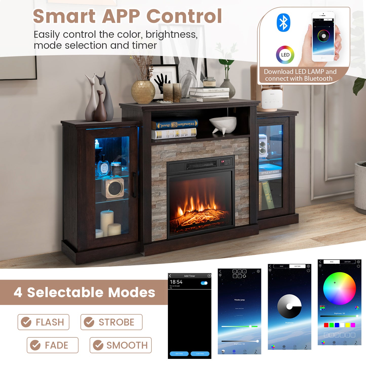 TV Cabinet with Electric Fireplace and Remote-Controlled LED Lights for TVs up to 65 Inches - Dark Brown
