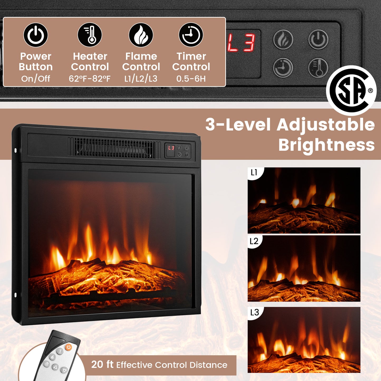 TV Cabinet with Electric Fireplace and Remote-Controlled LED Lights for TVs up to 65 Inches - Dark Brown
