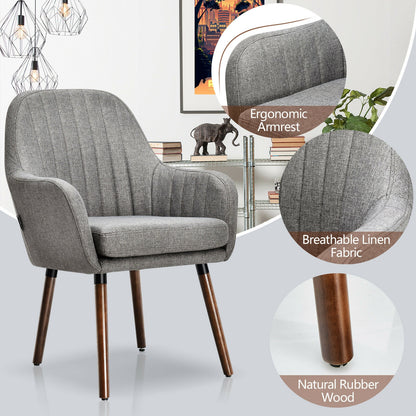 Set of 2 Linen Upholstered Armchairs with Natural Wood Legs and Padded Seat in Grey