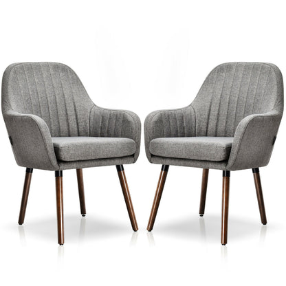 Set of 2 Linen Upholstered Armchairs with Natural Wood Legs and Padded Seat in Grey