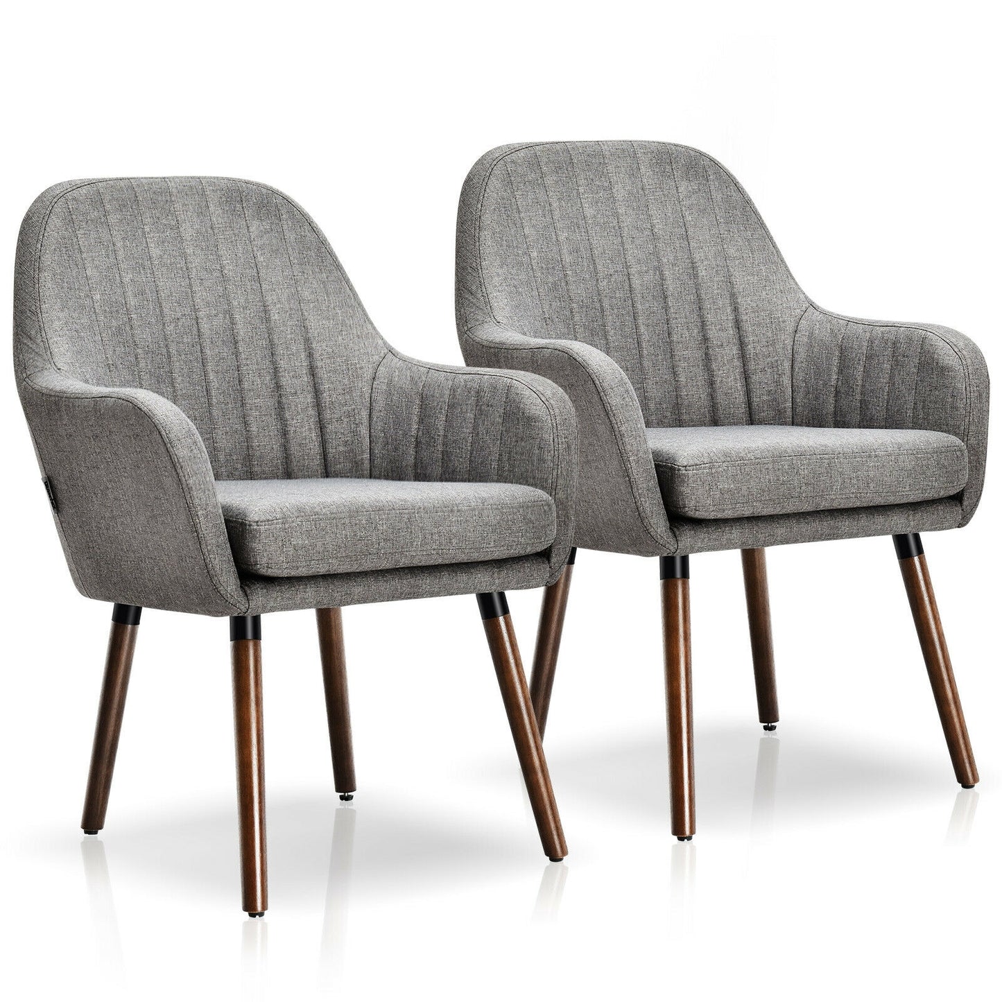 Set of 2 Linen Upholstered Armchairs with Natural Wood Legs and Padded Seat in Grey